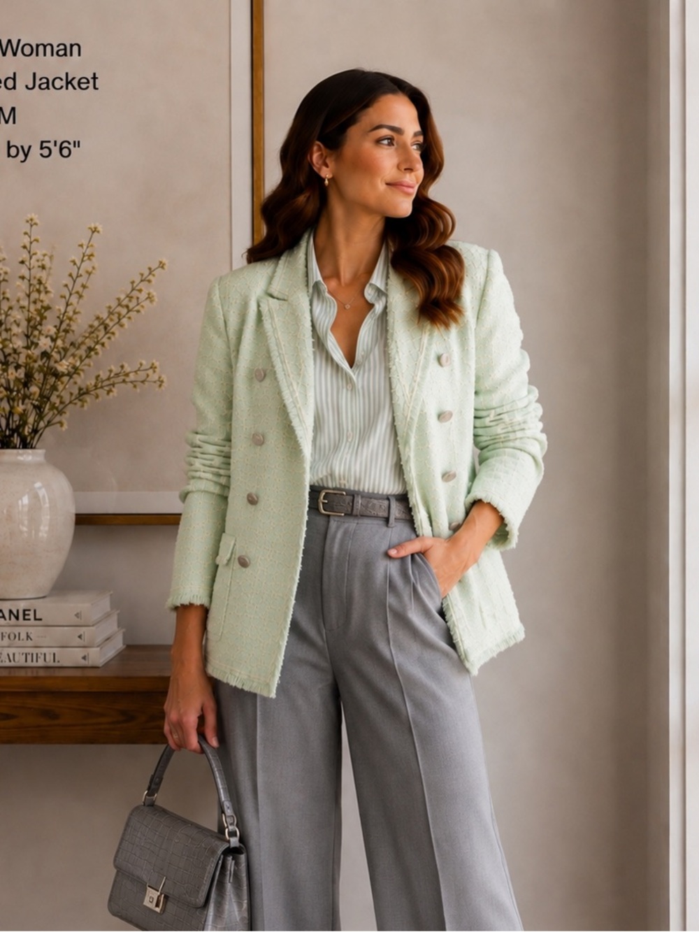 Zara Pastel Mint Bouclé Frayed-Edge Blazer - Picture 6 of 6
